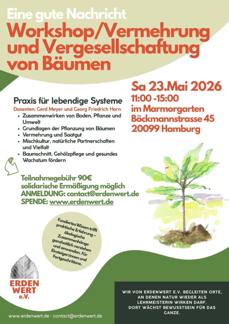 Plakat zum Workshop Vermehrung und Vergesellschaftung von Bäumen am 23.05.2026 in Hamburg